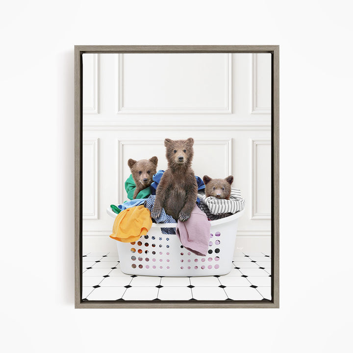 Three Bear Cubs in Laundry Basket - Classic White Floor