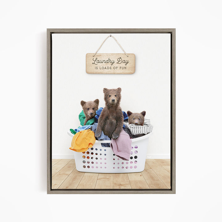 Three Bear Cubs in Laundry Basket with Clothes Piles - Scandi Floor
