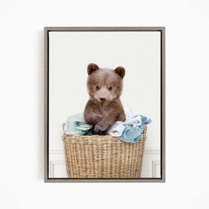 Baby Bear in Laundry Basket - Simple White Wall