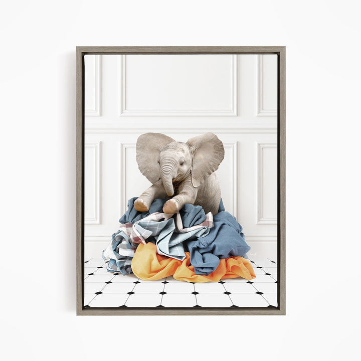 Baby Elephant on Clothes Pile - Classic White Floor