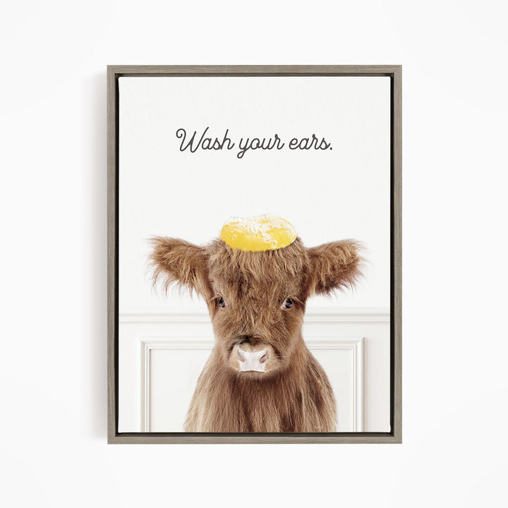 Baby Highland Cow "Wash yer ears" - Bathroom Simple White