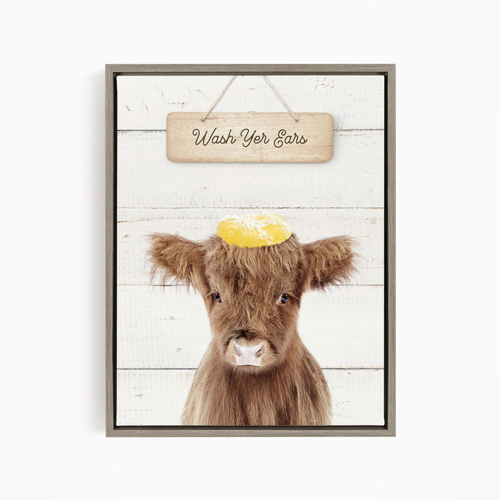 Baby Highland Cow "Wash yer ears" - Bathroom Shiplap