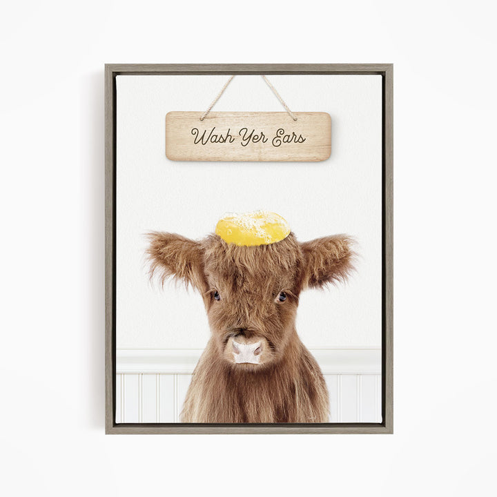 Baby Highland Cow "Wash yer ears" - Bathroom Cottage White