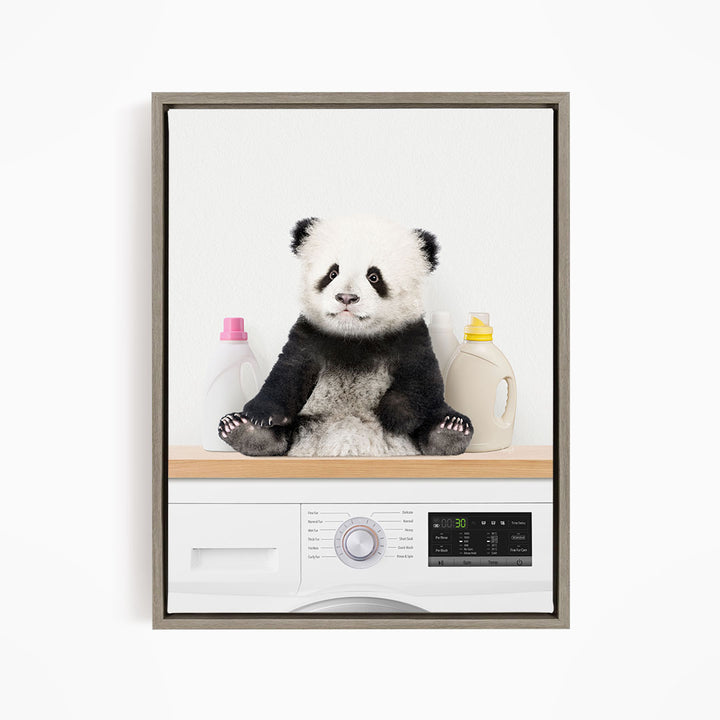 Baby Panda on Shelf Above Washing Machine - Simple White Wall
