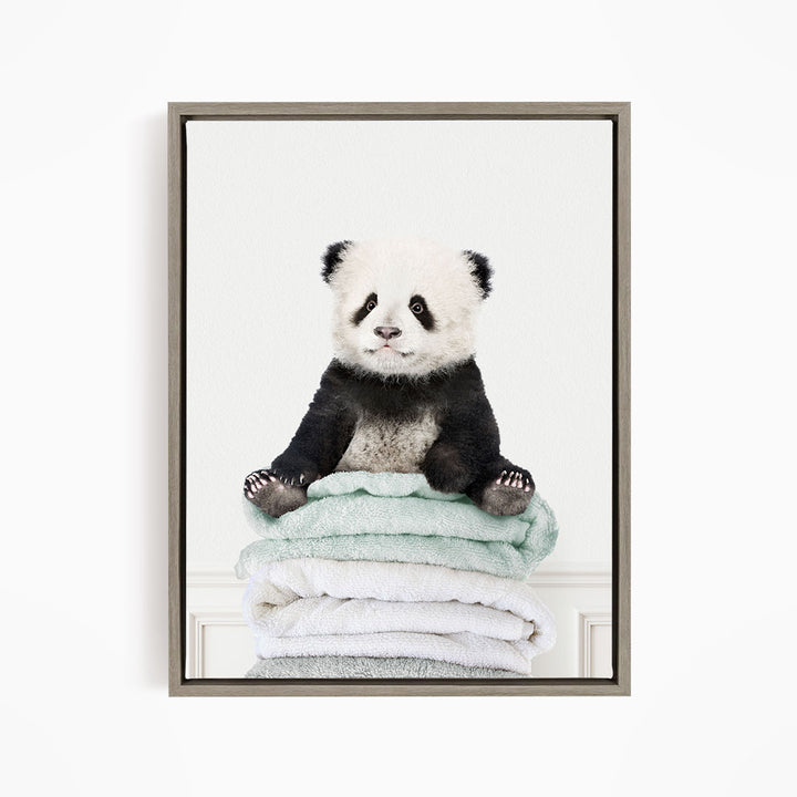 Baby Panda on Folded Towels - Simple White Wall
