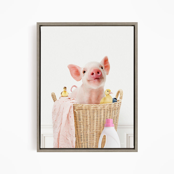 Baby Piglet and Friends in Laundry Basket - Simple White Wall