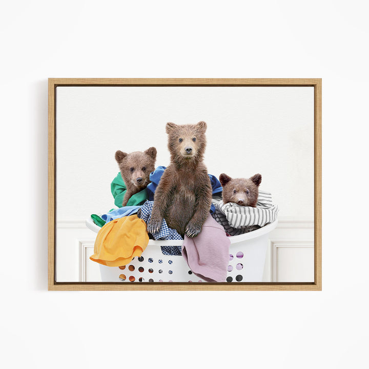 Three Bear Cubs in Laundry Basket - Simple White Wall