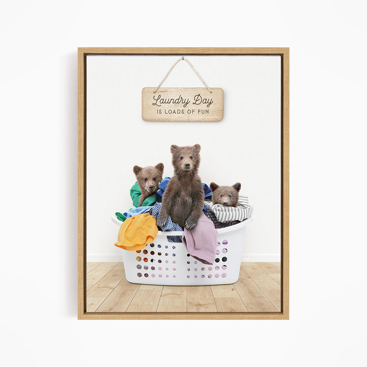 Three Bear Cubs in Laundry Basket with Clothes Piles - Scandi Floor