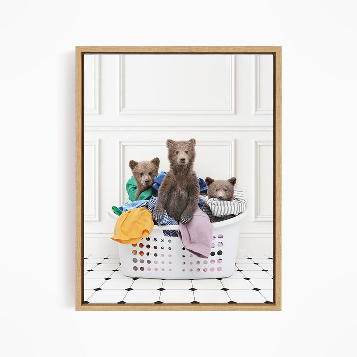 Three Bear Cubs in Laundry Basket - Classic White Floor