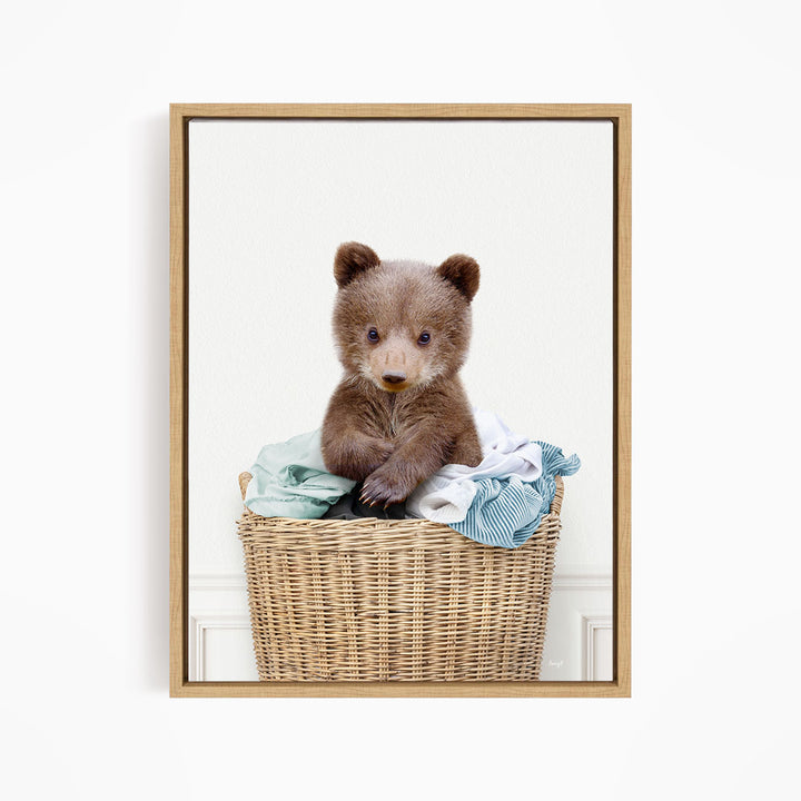 Baby Bear in Laundry Basket - Simple White Wall