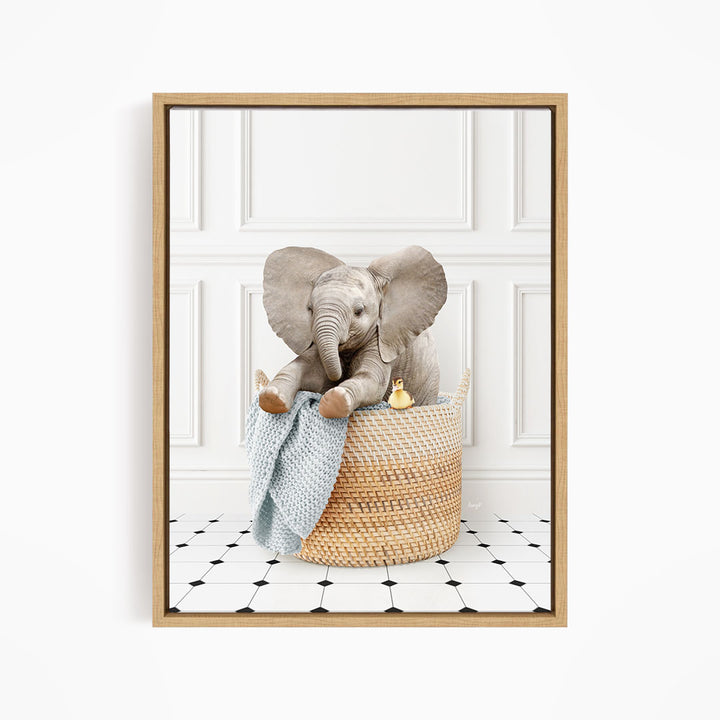 Baby Elephant in Laundry Basket - Classic White Floor