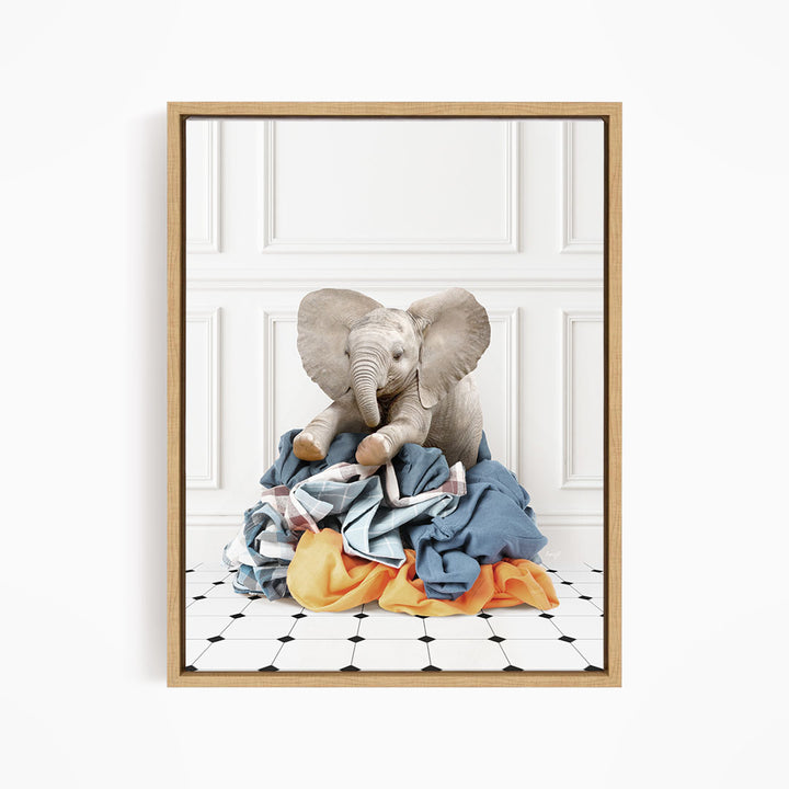 Baby Elephant on Clothes Pile - Classic White Floor