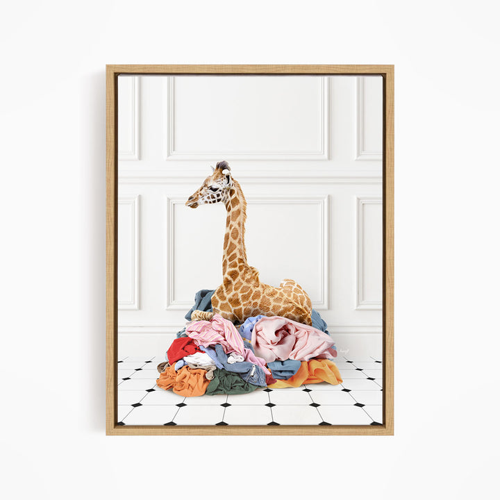 Baby Giraffe in Clothes Pile - Classic White Floor