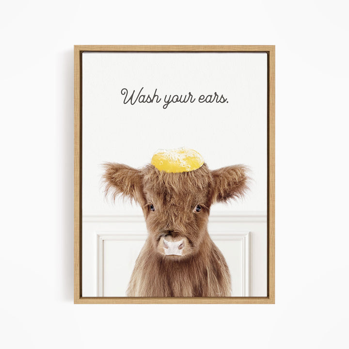 Baby Highland Cow "Wash yer ears" - Bathroom Simple White