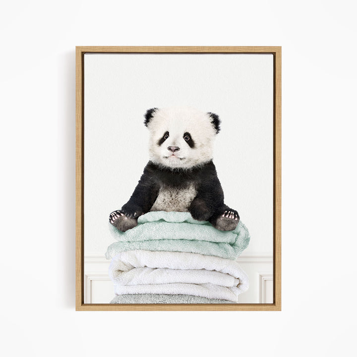 Baby Panda on Folded Towels - Simple White Wall