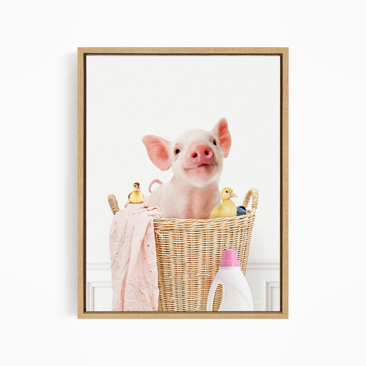 Baby Piglet and Friends in Laundry Basket - Simple White Wall