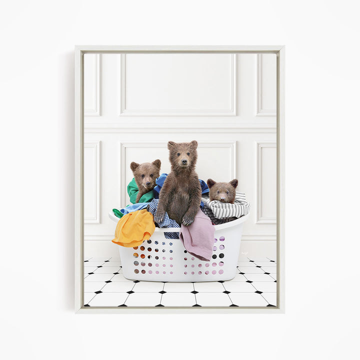 Three Bear Cubs in Laundry Basket - Classic White Floor