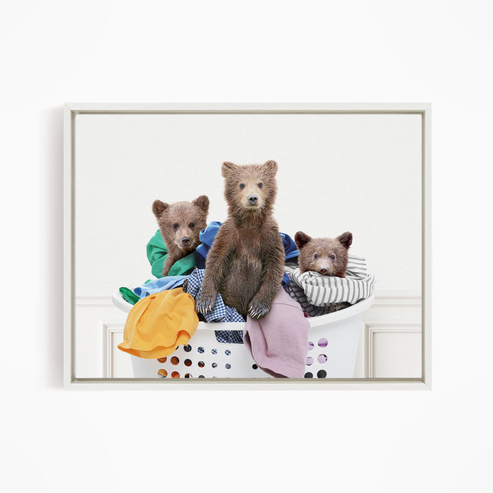 Three Bear Cubs in Laundry Basket - Simple White Wall