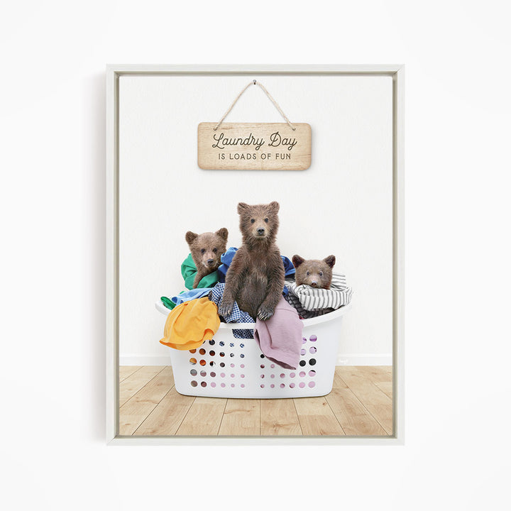 Three Bear Cubs in Laundry Basket with Clothes Piles - Scandi Floor