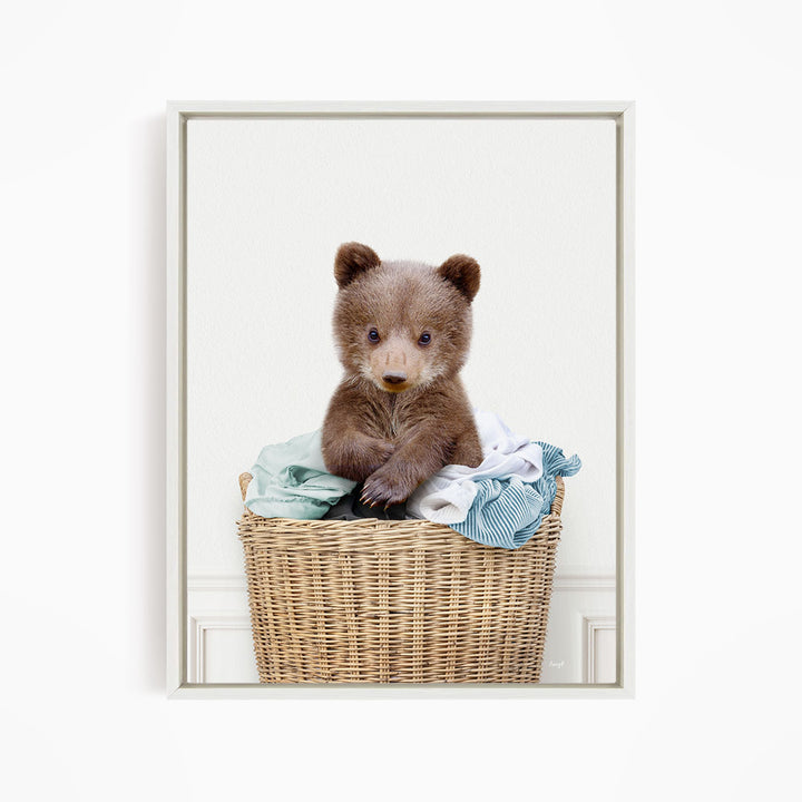 Baby Bear in Laundry Basket - Simple White Wall
