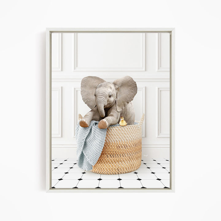 Baby Elephant in Laundry Basket - Classic White Floor