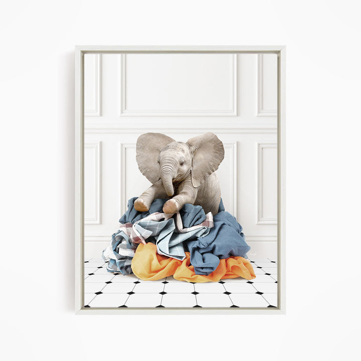 Baby Elephant on Clothes Pile - Classic White Floor