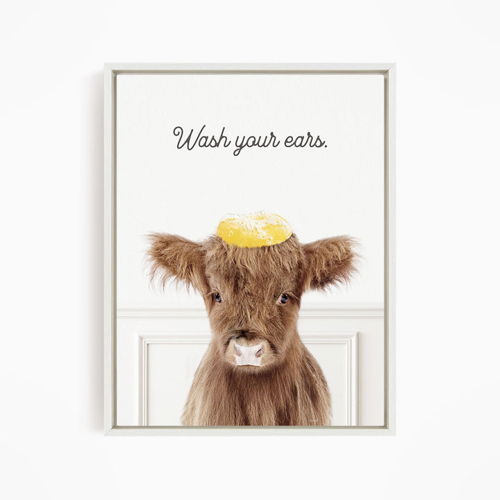 Baby Highland Cow "Wash yer ears" - Bathroom Simple White