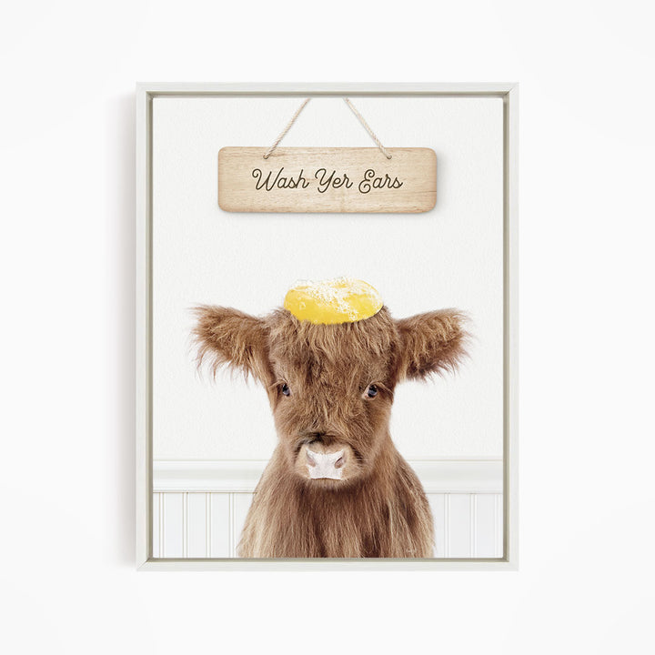 Baby Highland Cow "Wash yer ears" - Bathroom Cottage White
