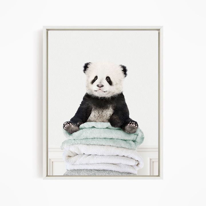 Baby Panda on Folded Towels - Simple White Wall