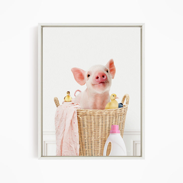 Baby Piglet and Friends in Laundry Basket - Simple White Wall
