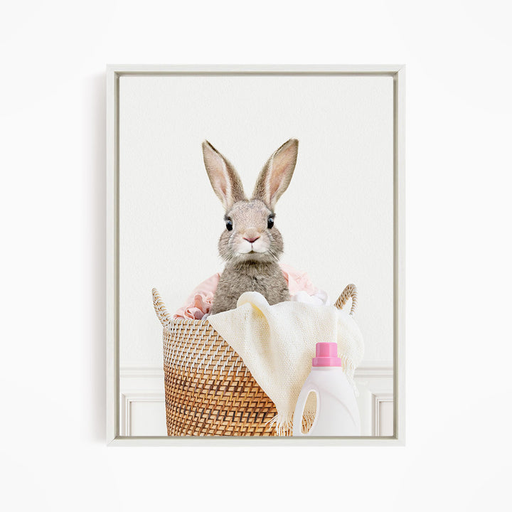 Baby Rabbit in Laundry Basket - Simple White Wall