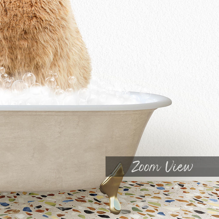 A cat is sitting in a bathtub filled with bubbles, with a text overlay that reads "Zoom View".