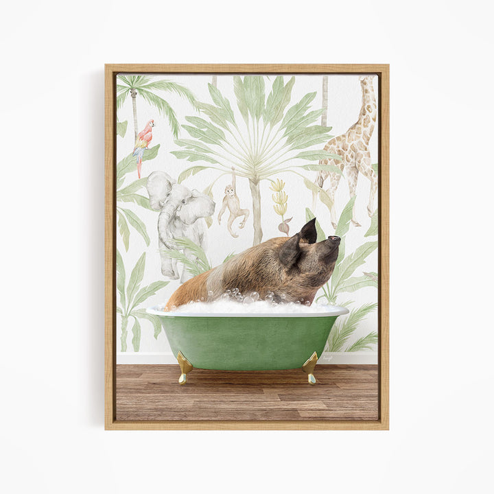 A pig is sitting in a green bathtub filled with water, surrounded by various animals such as a giraffe, parrot, and elephant, all set against a tropical jungle backdrop.