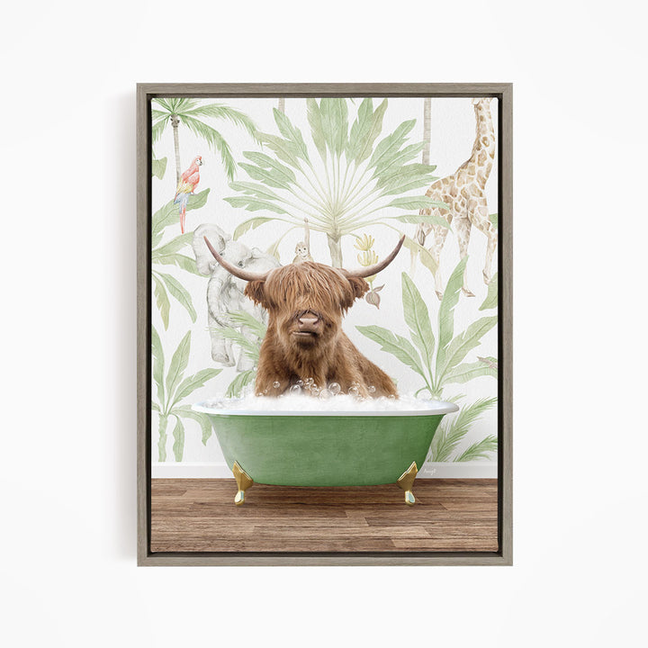 A brown cow with horns is sitting in a green bathtub, surrounded by tropical foliage and animals, such as a giraffe and a parrot.