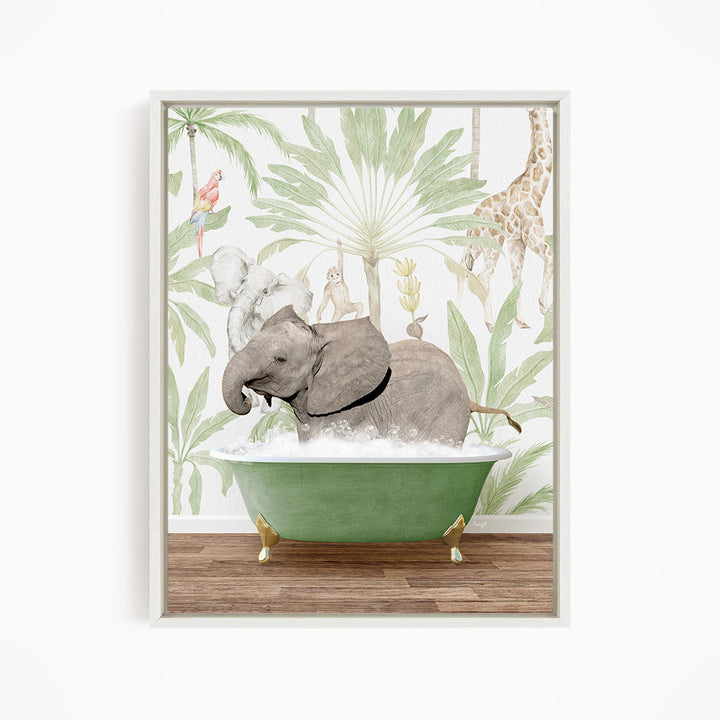 A gray elephant is sitting in a green bathtub, surrounded by tropical foliage and animals, including a giraffe and a parrot.
