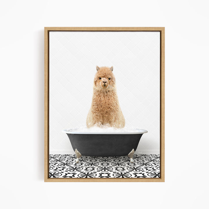 A fluffy brown dog sitting in a black bathtub filled with water, surrounded by a black and white patterned floor.