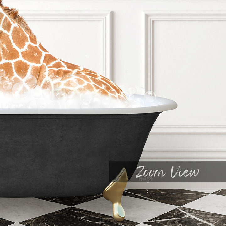 A giraffe is sitting in a bathtub filled with bubbles, creating a whimsical and playful scene.