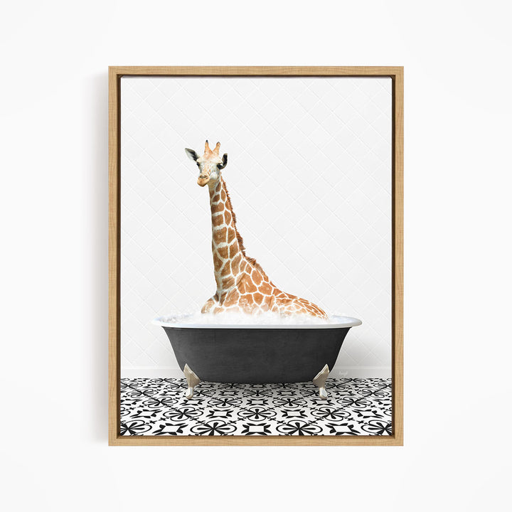 A giraffe sitting in a bathtub filled with water, surrounded by a black and white patterned floor.