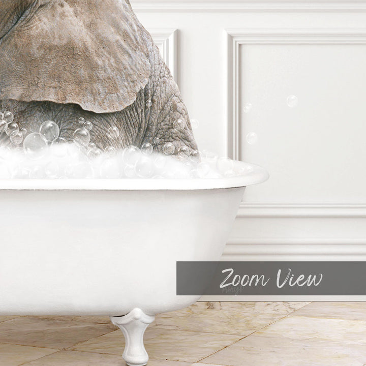 A white bathtub filled with bubbles, with a large elephant partially submerged in the water.