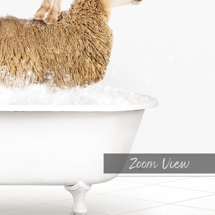 A fluffy brown sheep is standing in a white bathtub filled with bubbles, creating a playful and whimsical scene.