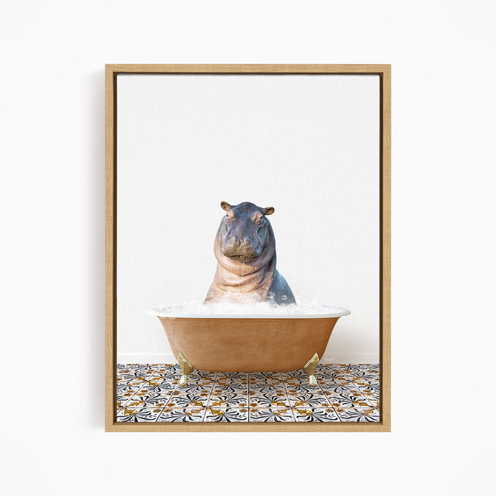 A hippopotamus sitting in a bathtub filled with water, surrounded by a patterned tile floor.