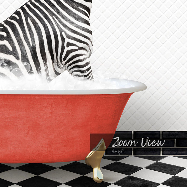 A zebra is standing in a red bathtub filled with water, with a black and white checkered floor and a tile wall in the background.