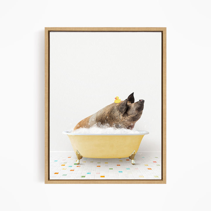 A dog is sitting in a yellow bathtub filled with bubbles, with a rubber duck floating on the water.