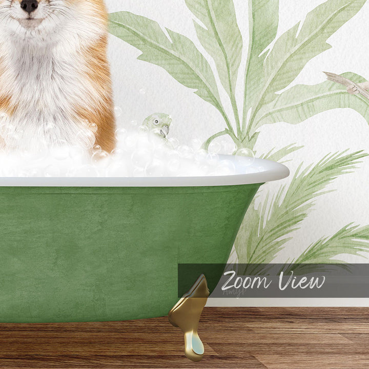 A fluffy orange and white dog is sitting in a green bathtub filled with bubbles, with a bird perched on the edge of the tub.