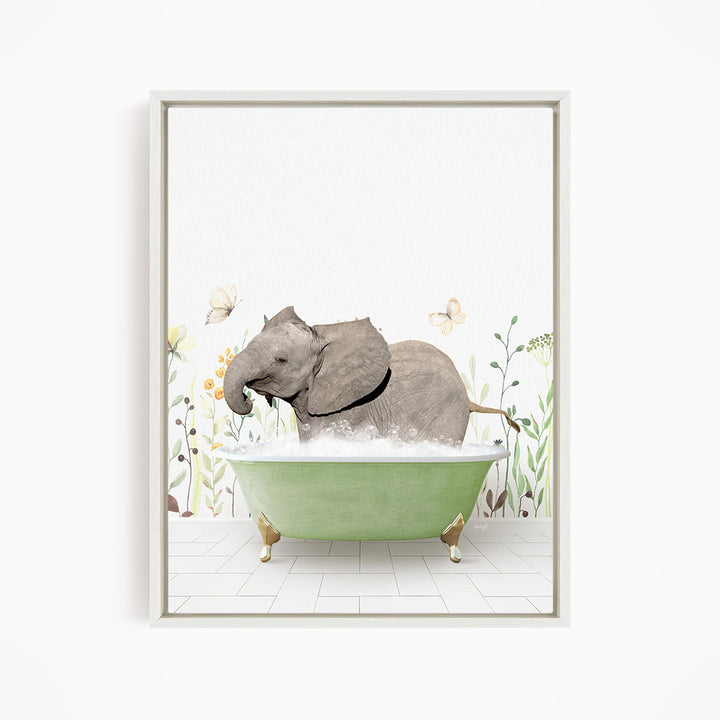 A gray elephant is standing in a green bathtub filled with water, surrounded by flowers and butterflies.