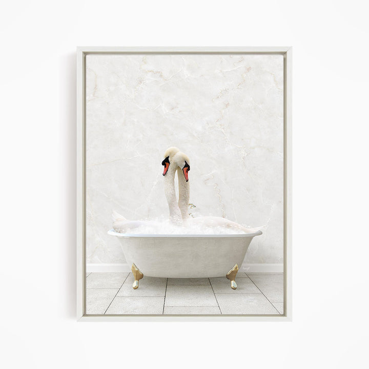 A white swan standing in a white bathtub filled with water, with its head and neck submerged.