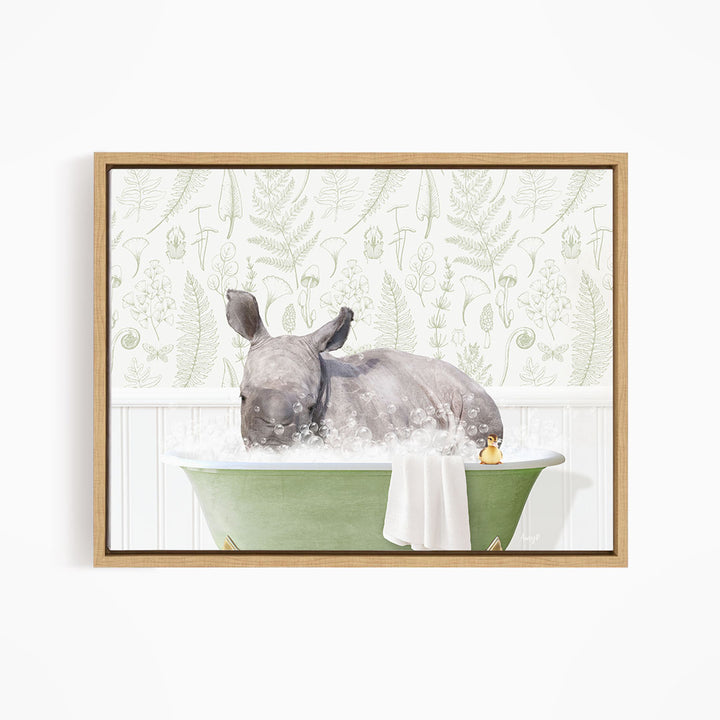 A rhinoceros is sitting in a green bathtub filled with water, surrounded by a patterned wallpaper.