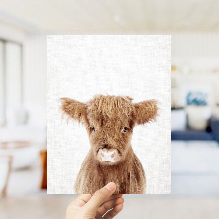 A hand is holding up a square print featuring a close-up of a brown cow's face with large, expressive eyes and a small white nose.