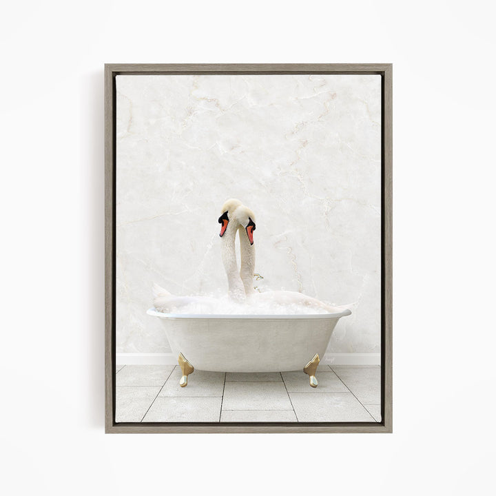 A white swan sitting in a white bathtub, with its head and neck submerged in the water.