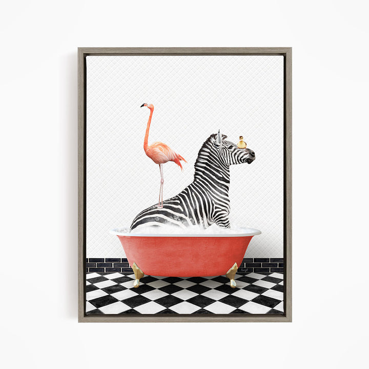 A zebra is sitting in a red bathtub, with a flamingo standing on its back and a bird perched on its head.